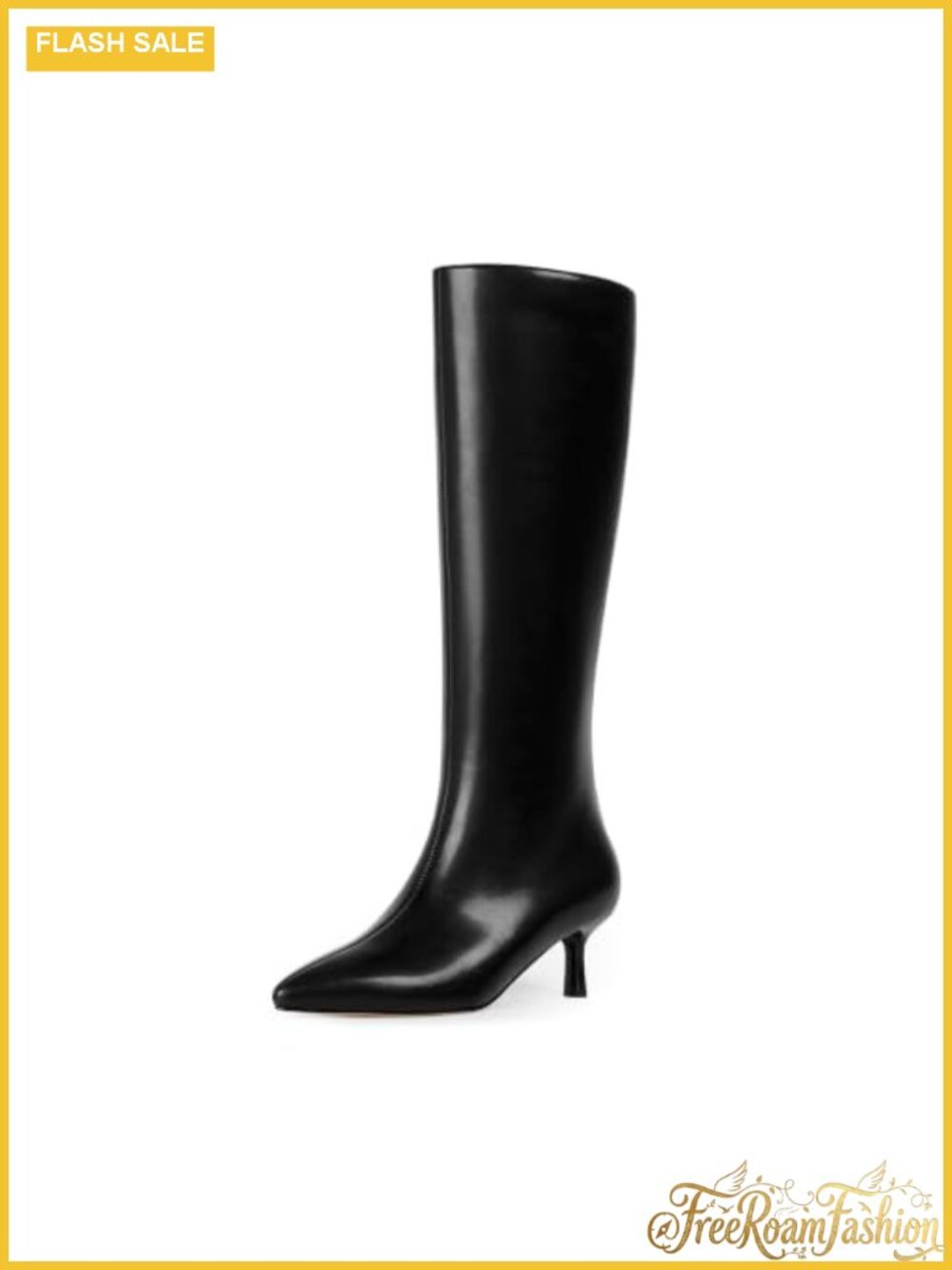 Kitten Heel Knee High Boots Faux Leather Pointed Toe Side Zip Womens